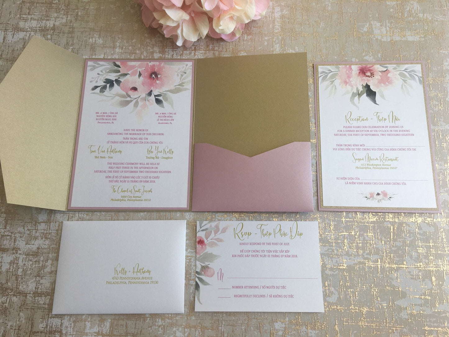 NATALIE | Bilingual Vietnamese Tri-Fold Pocket Wedding Invitation Suites