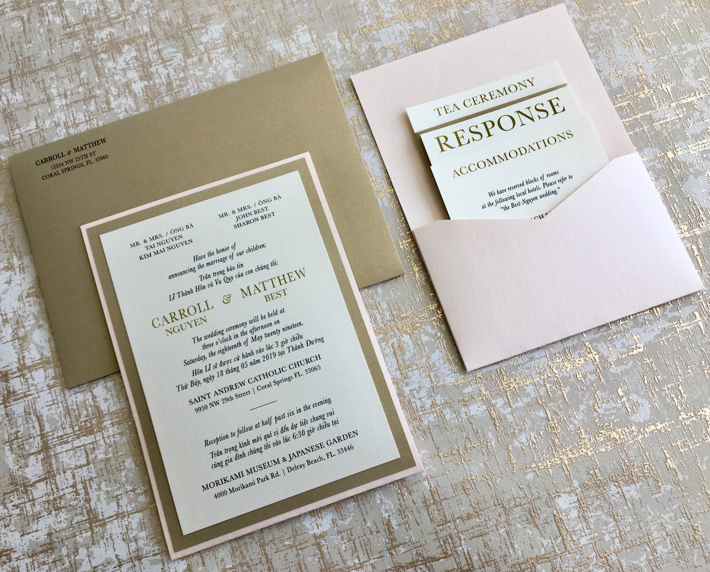 CHARLENE | Bilingual Vietnamese Two-Tone Pocket Wedding Invitation Suites