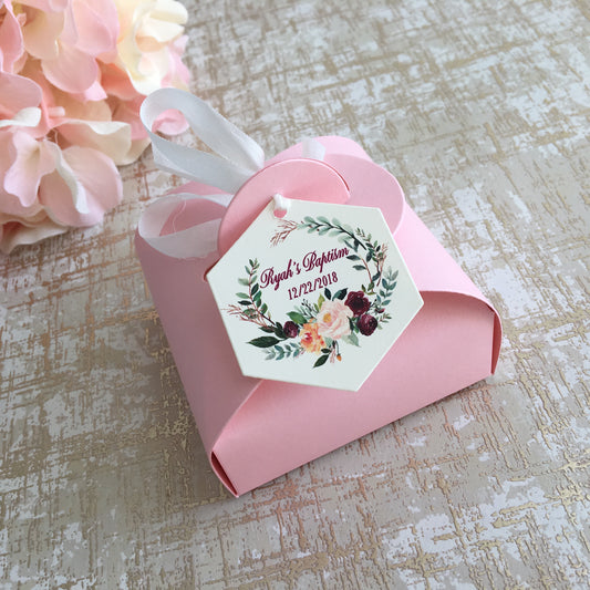 Curvy Keepsake Favor boxes with Customizable Tags and Color Ribbons.