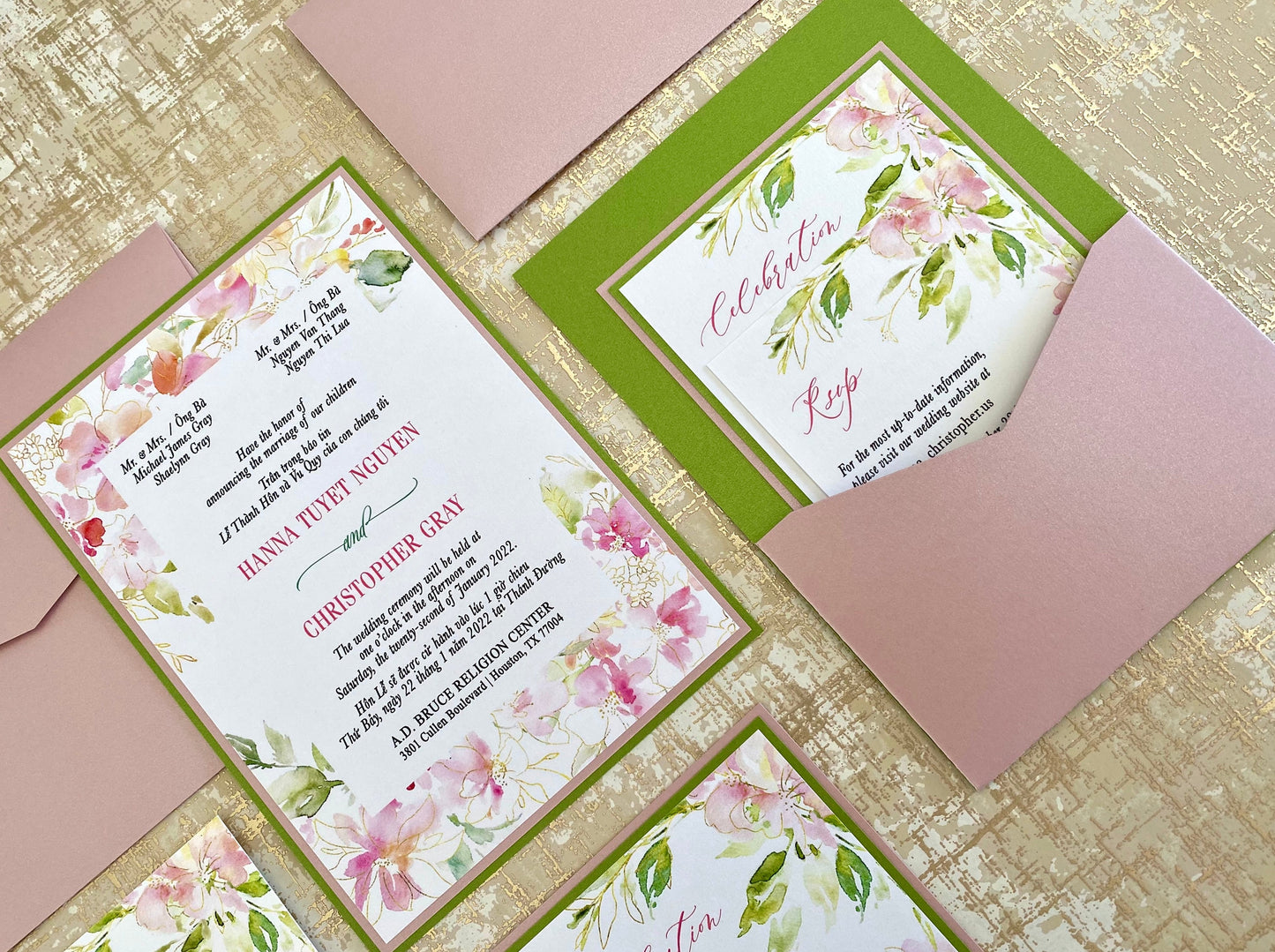 BLANCHETT | Bilingual Vietnamese Two-Tone Pocket Wedding Invitation Suites