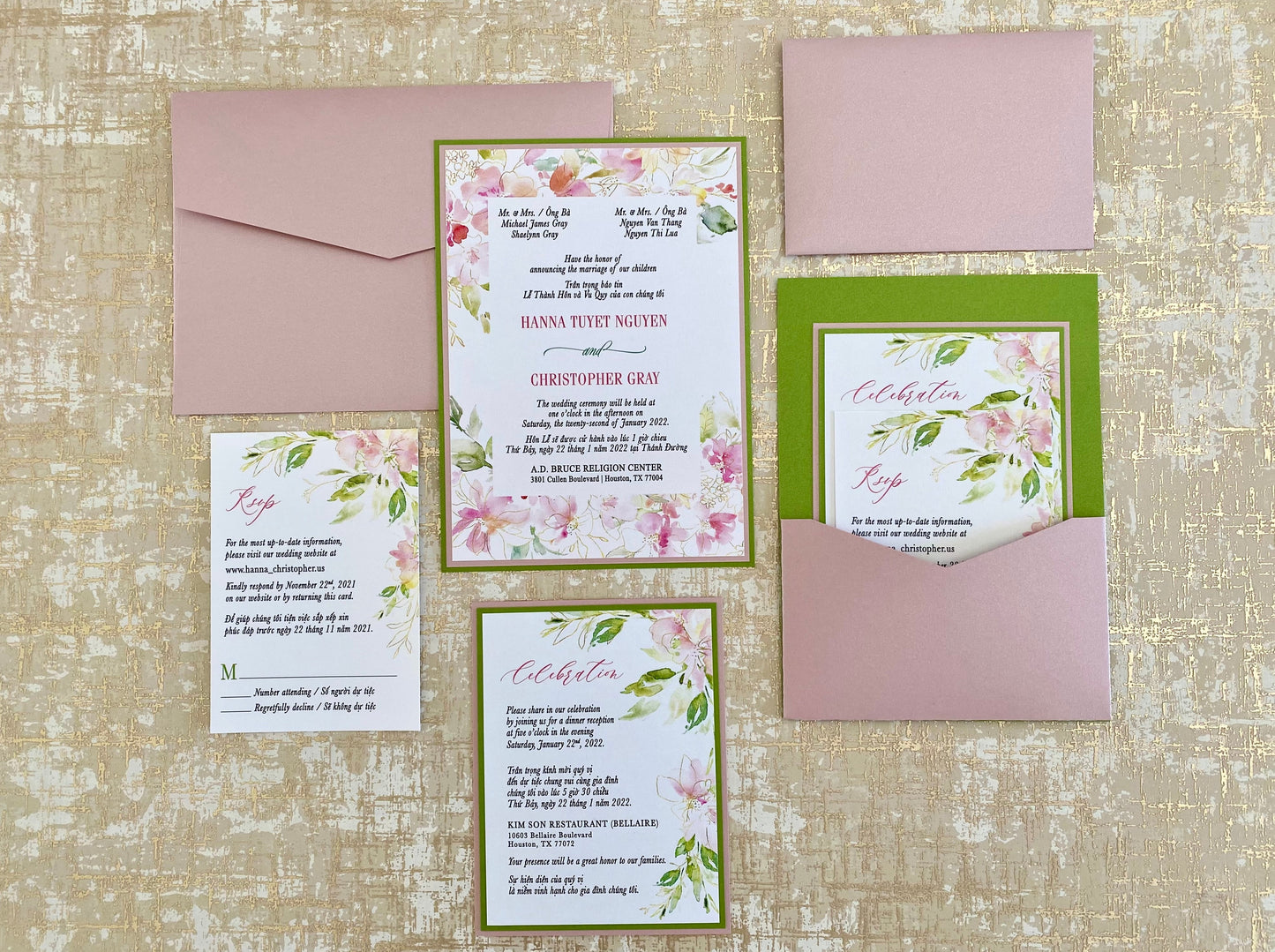 BLANCHETT | Bilingual Vietnamese Two-Tone Pocket Wedding Invitation Suites