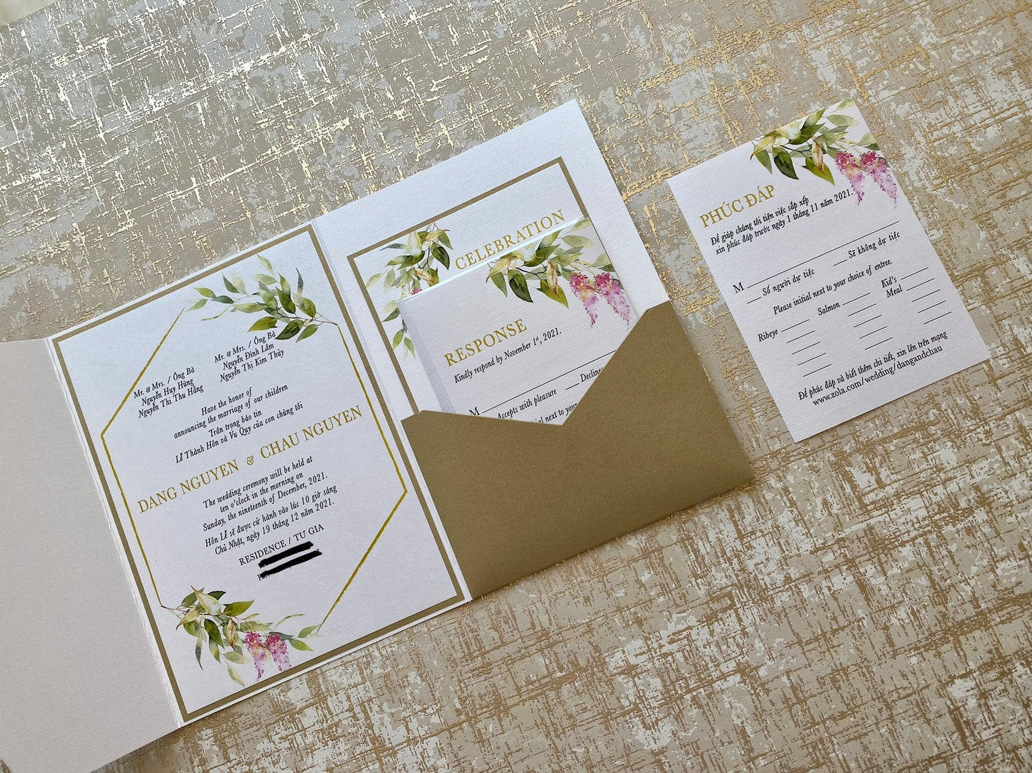 AUBRIELLA | Bilingual Vietnamese Tri-Fold Pocket Wedding Invitation Suites